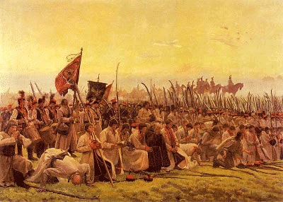 Jozef Chelmonski. "The prayer before a battle (Racławice)", 1906