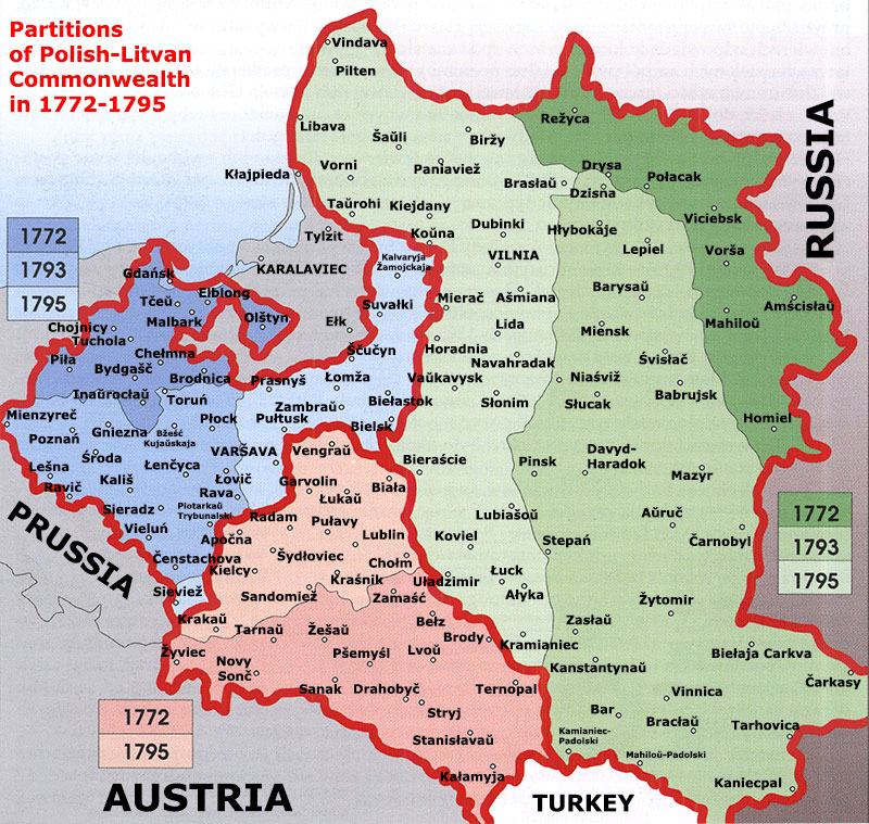 The map of the partitions of the Polish–Lithuanian Commonwealth in 1772-1795