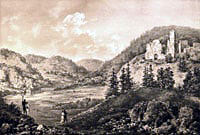 Roznow on Dunajec river. Ruins of the ancestral castle of Zawisza the Black. Galicia. Water-colour of N.Orda. 19th c.
